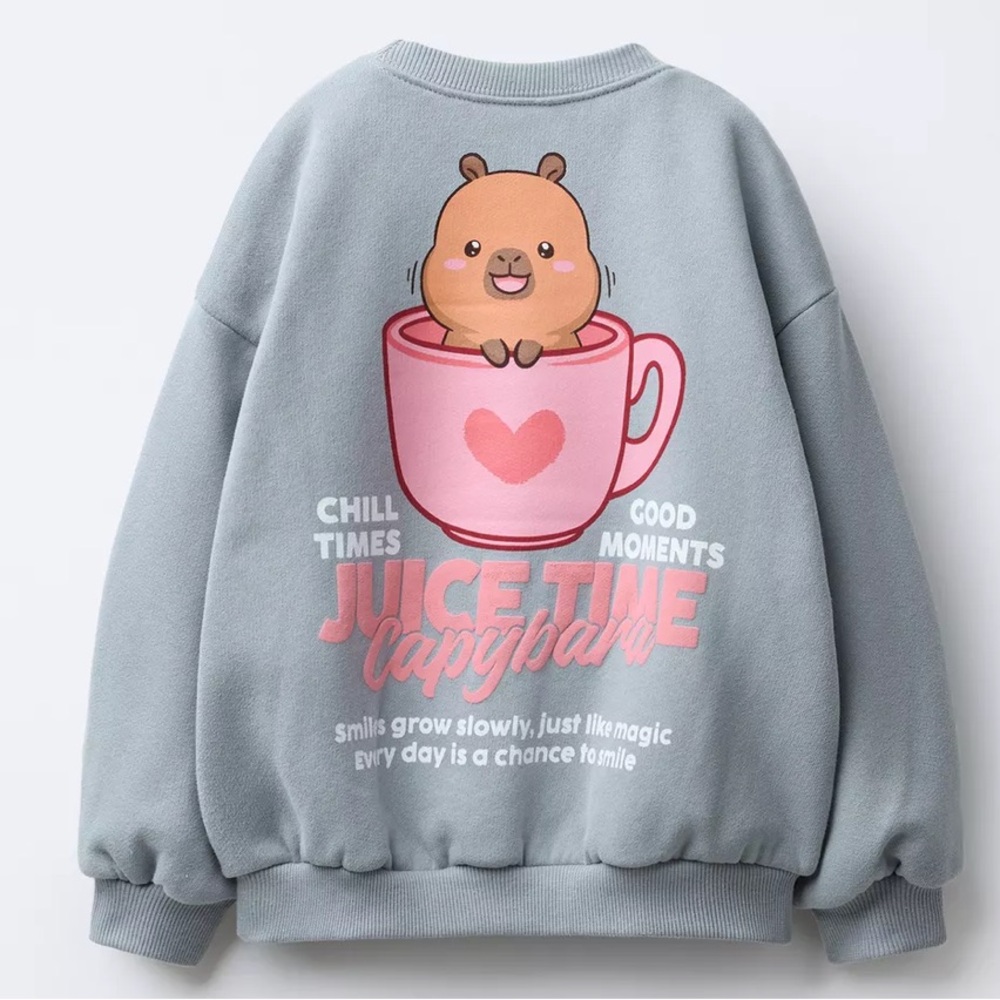 Zara Kids Capybara Gray Sweater with Pink Cup Design
